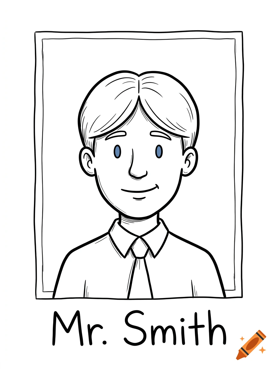 Black and white cartoon portrait of a boy with a tie, in the style of Diary of a Wimpy Kid, with the text 'Mr. Smith' underneath.
