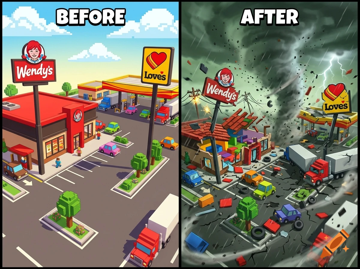 A two-panel digital art showing a Wendy's and Love's travel stop before and after being hit by a massive tornado.
