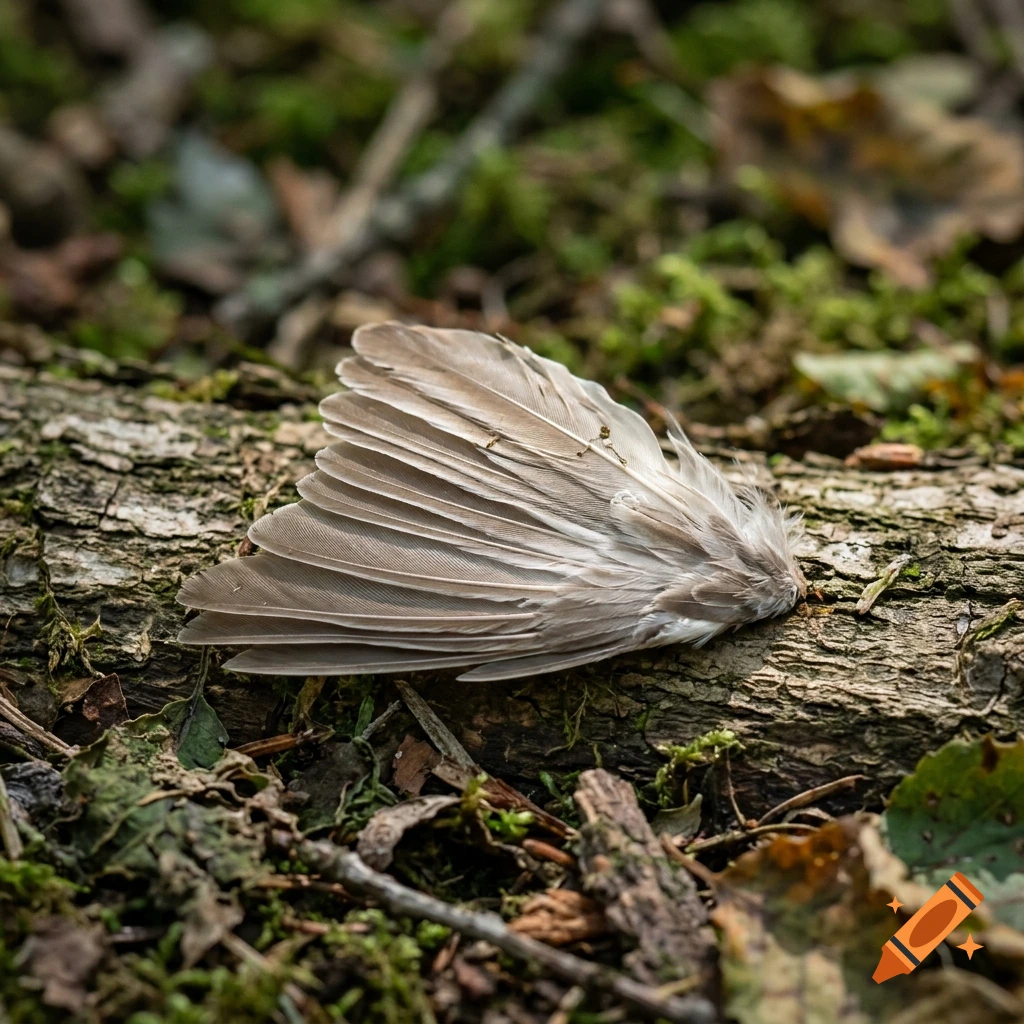 Close-up photorealistic image of a small bird's wing resting on a mossy log in a forest.
