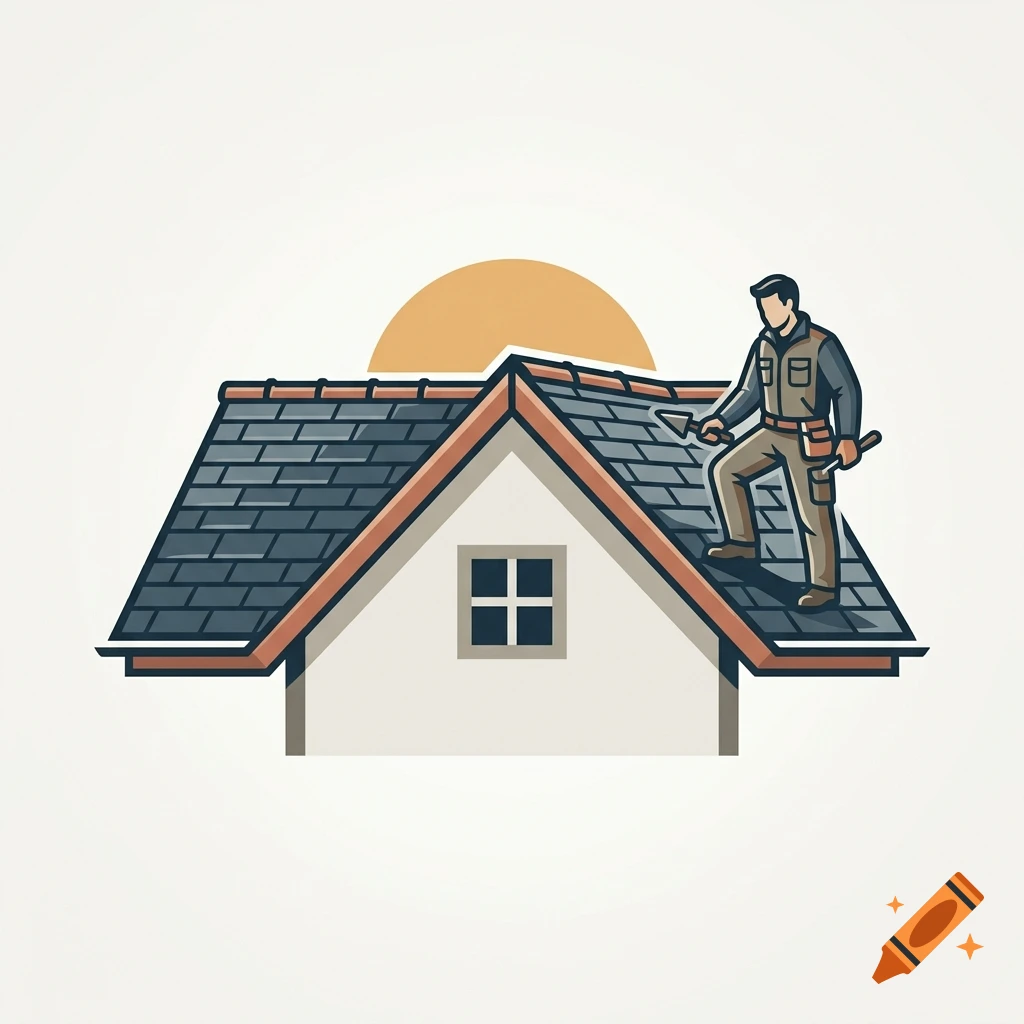 Professional vector illustration of a roofer working on a house roof with a sun in the background, in a modern logo style.