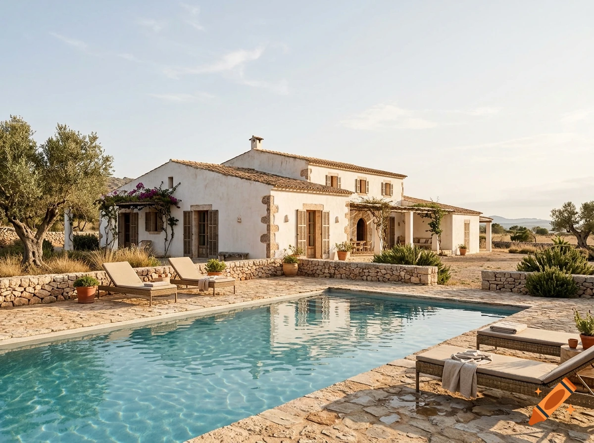 Photorealistic image of a traditional Mediterranean finca with a swimming pool and sun loungers under a clear sky.
