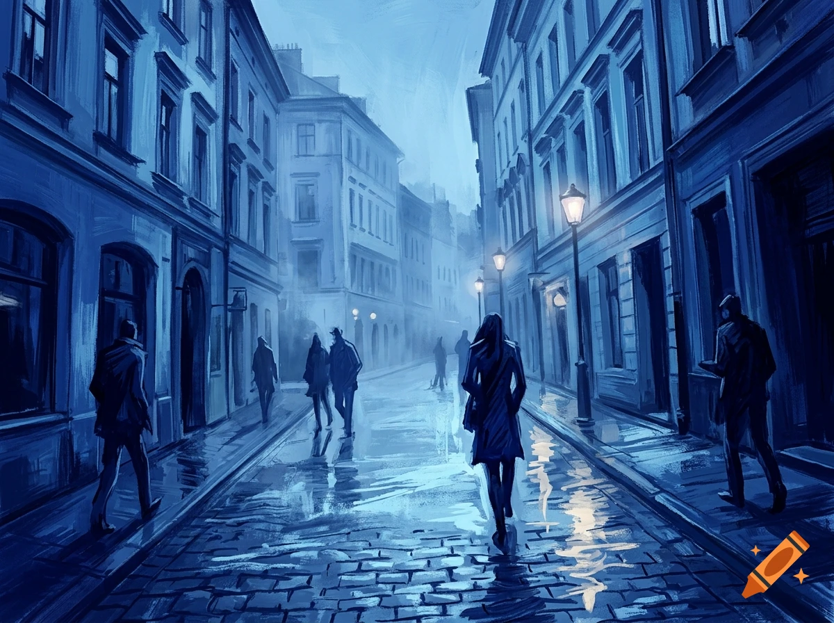 Expressionist painting of a rainy city street at twilight in blue tones with silhouetted figures walking on cobblestones.