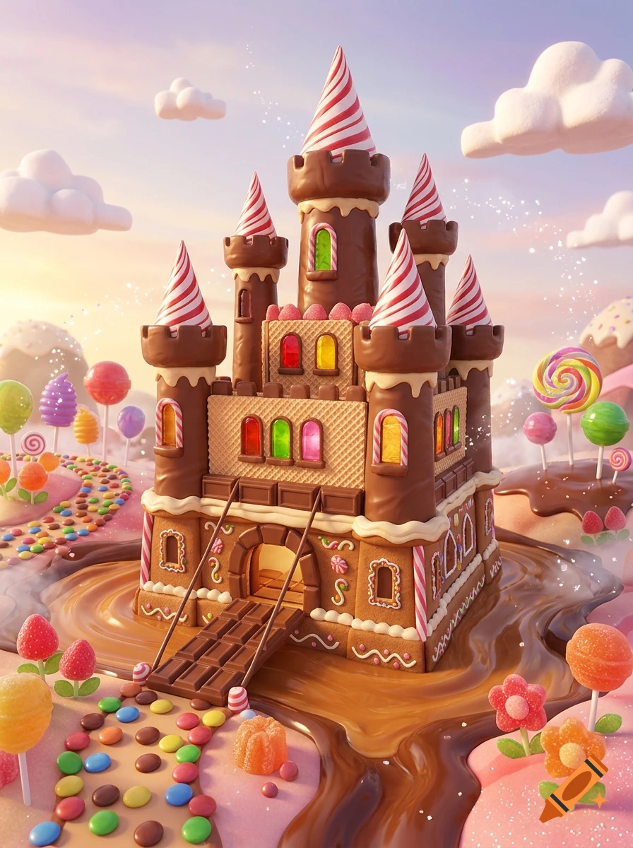 3D cartoon style castle made entirely of sweets, chocolate, and candy, surrounded by a moat of liquid chocolate and a candy path.
