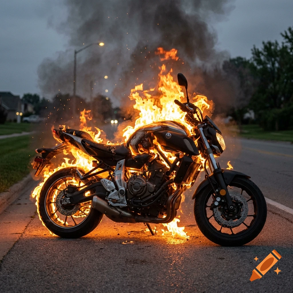 Photorealistic image of a motorcycle engulfed in flames on a suburban street at dusk with smoke in the background.