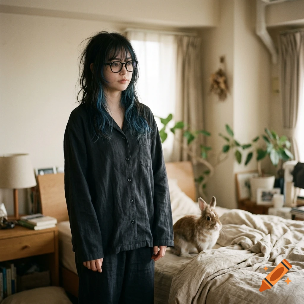 Photorealistic image of a young woman with dark hair and blue highlights wearing black pajamas in a bedroom with a rabbit on the bed.