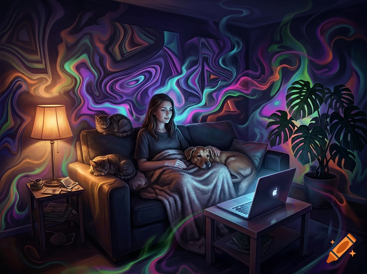 A young woman relaxing on a sofa with two cats and a dog in a room with trippy, colorful psychedelic wall patterns.