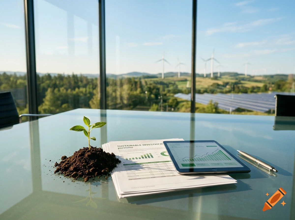 A small green plant growing out of a pile of soil on a glass desk next to documents, a tablet, and a pen, with wind turbines visible through the window.