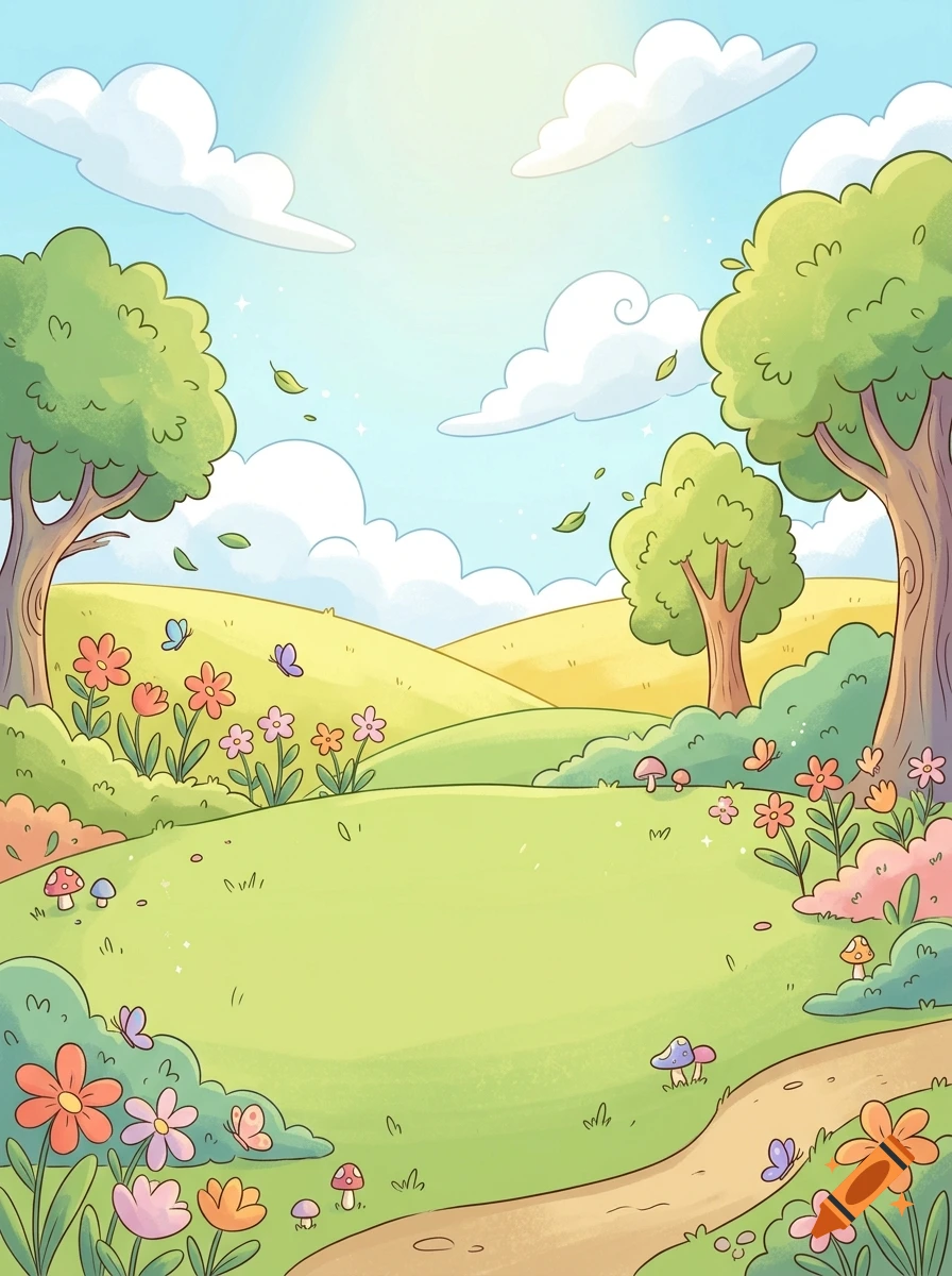 Children's cartoon style illustration of a sunny green meadow with rolling hills, trees, flowers, mushrooms, and fluffy clouds.
