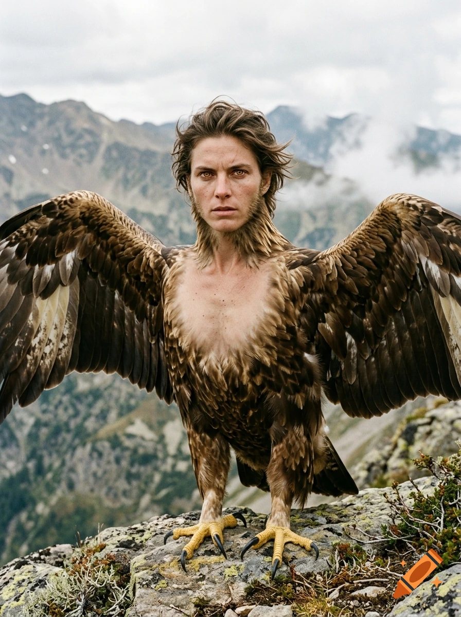 Photorealistic portrait of a human-eagle hybrid with wings outstretched, standing on a rocky mountain peak.
