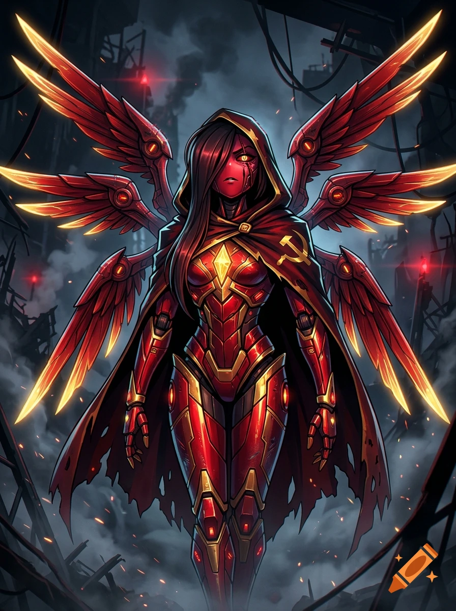 A digital illustration of a red robotic female figure with glowing wings and a hood standing in a ruined city.