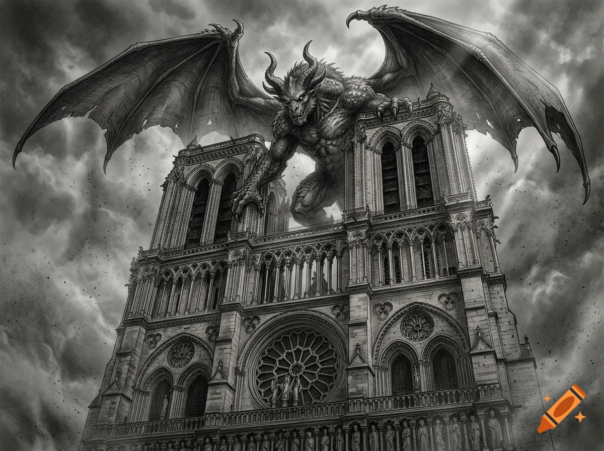 Black and white pencil sketch of a large horned chimera creature perched on top of Notre-Dame de Paris cathedral under a cloudy sky.