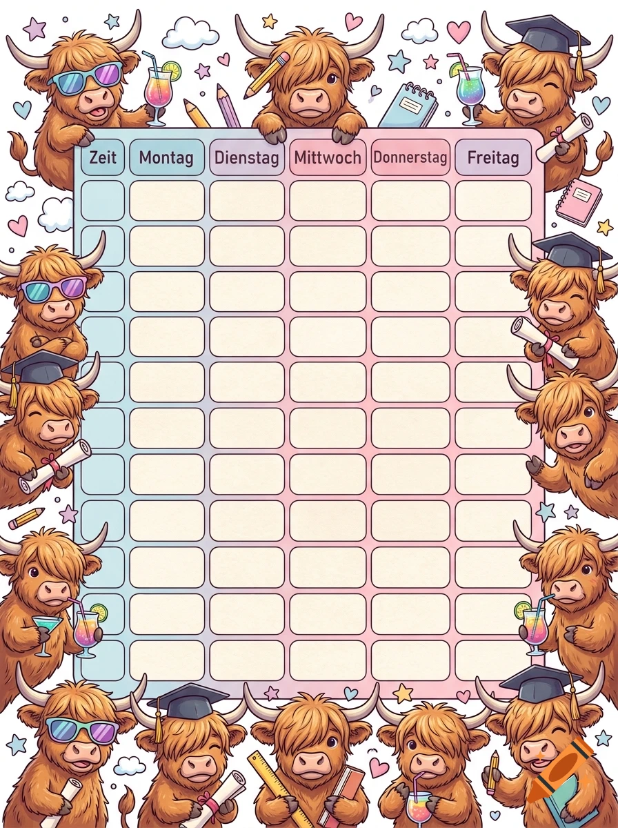 Pastel pink and blue weekly schedule bordered by cute cartoon highland cows in sunglasses and graduation caps.