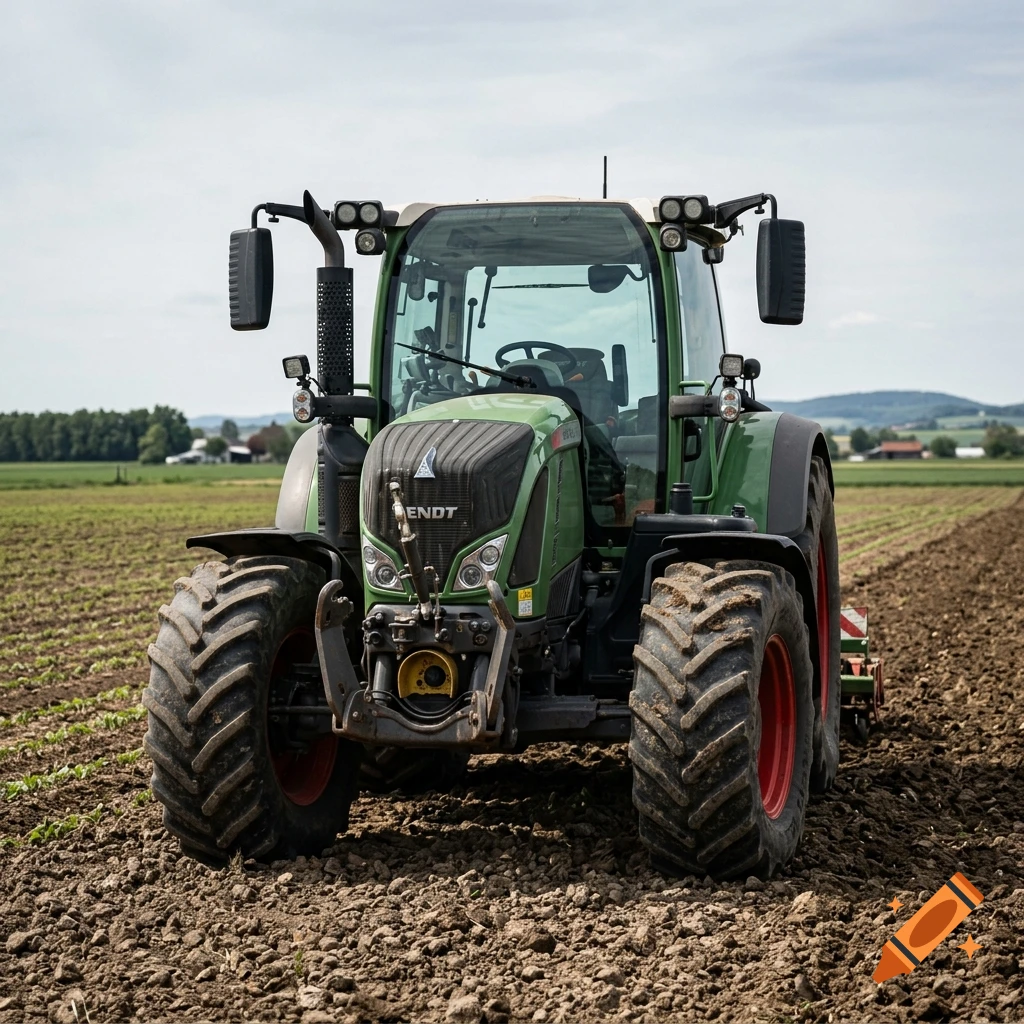 A green Fendt tractor working in a freshly plowed field under a partly cloudy sky.