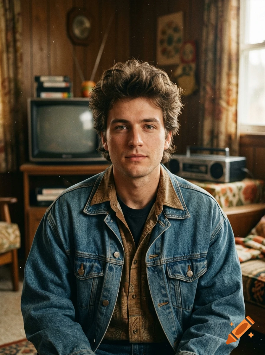 Photorealistic portrait of a young man with a voluminous 1980s hairstyle wearing a denim jacket inside a retro-styled living room.