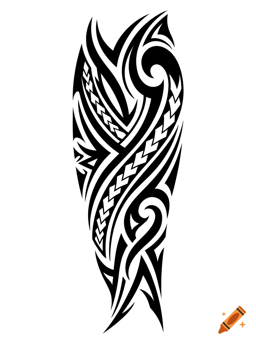 A black and white tribal tattoo design featuring curved lines, sharp points, and interlocking patterns.