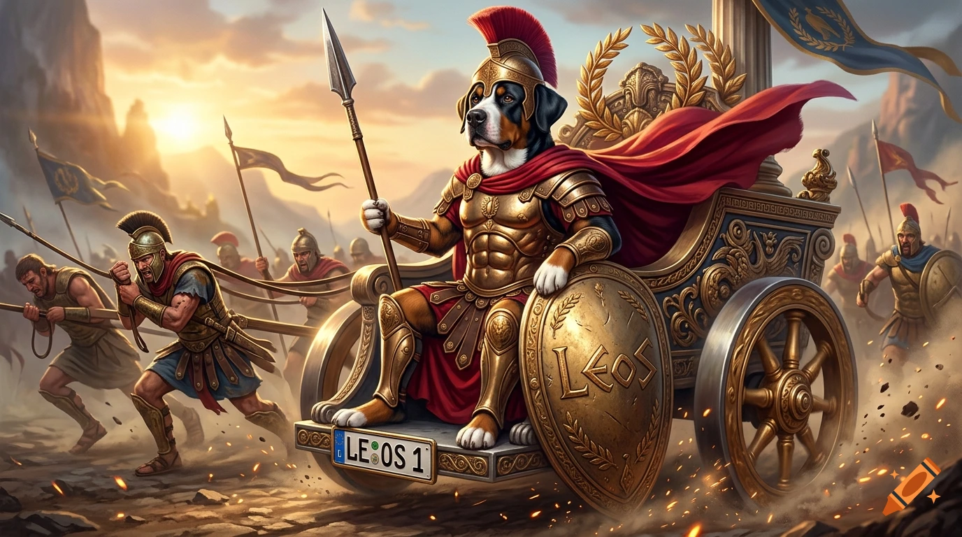 A Greater Swiss Mountain Dog dressed as a Spartan warrior in a chariot being pulled by soldiers, digital painting.