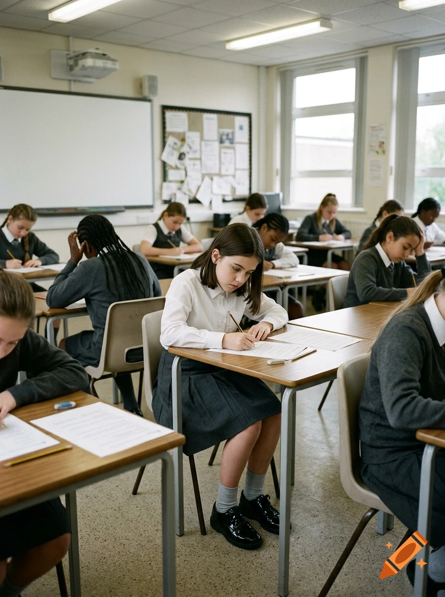 Photorealistic image of female students in a classroom wearing school uniforms and taking a test at their desks.