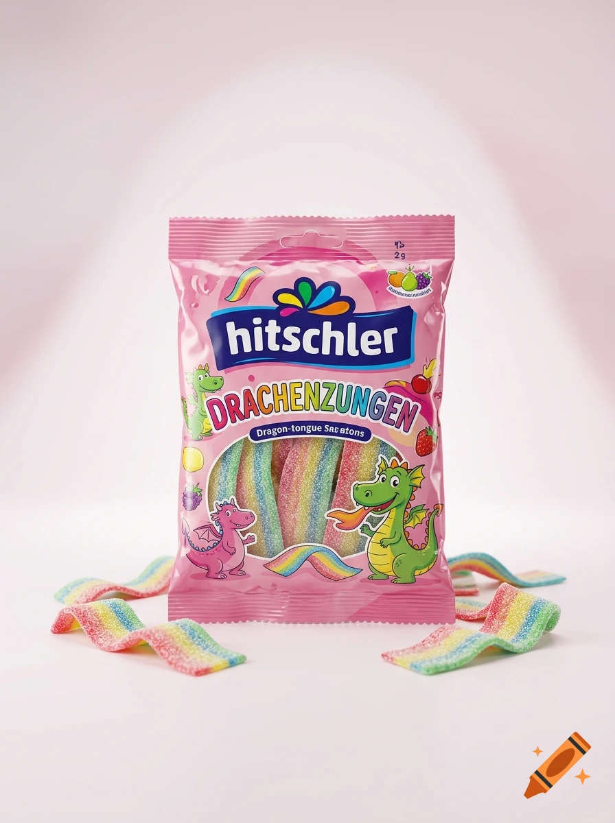 A pink bag of Hitschler Drachenzungen gummy candy surrounded by loose rainbow candy strips on a pink background.