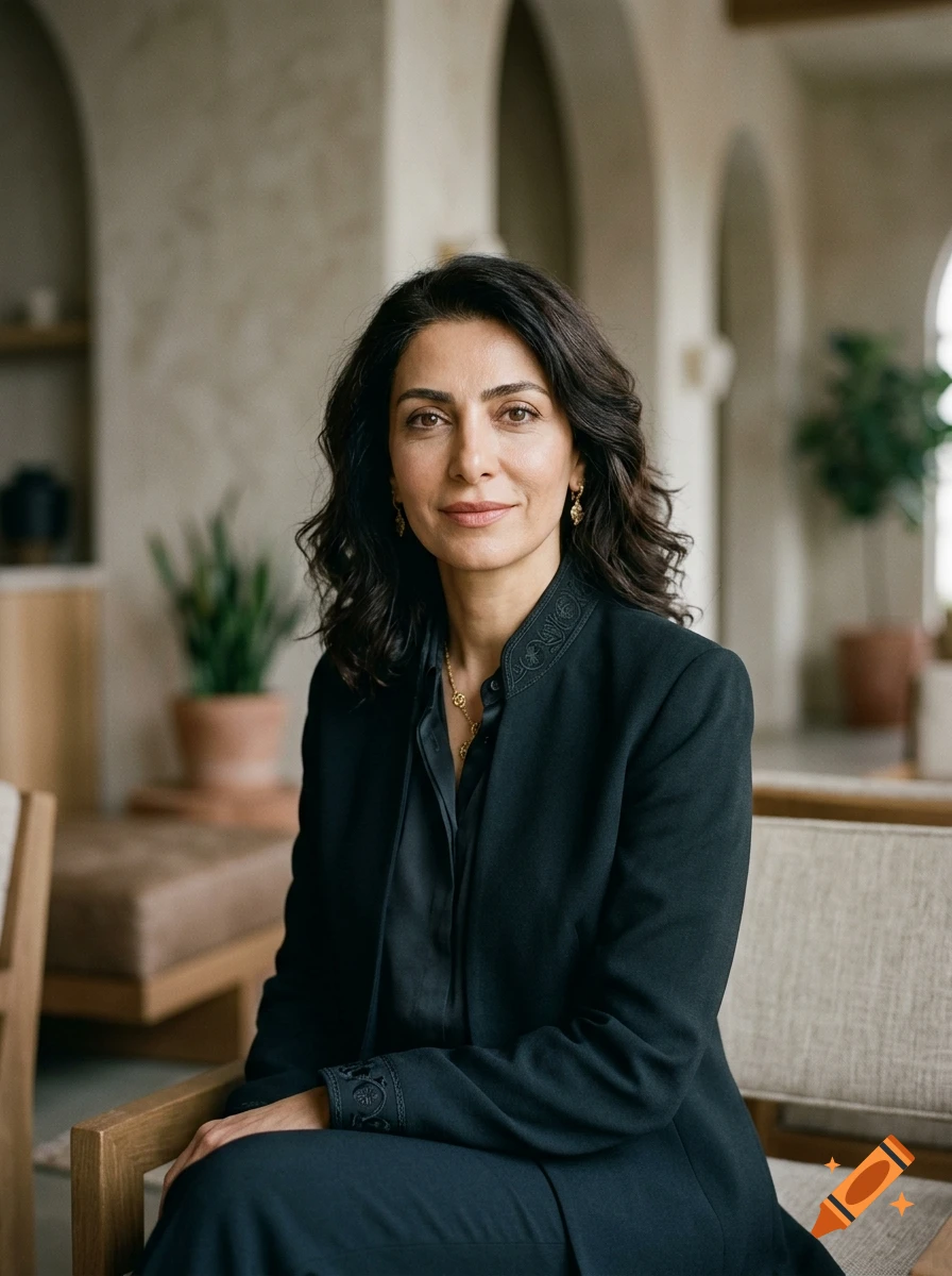 Photorealistic portrait of a middle-aged Iranian woman in a black suit sitting in a modern room.