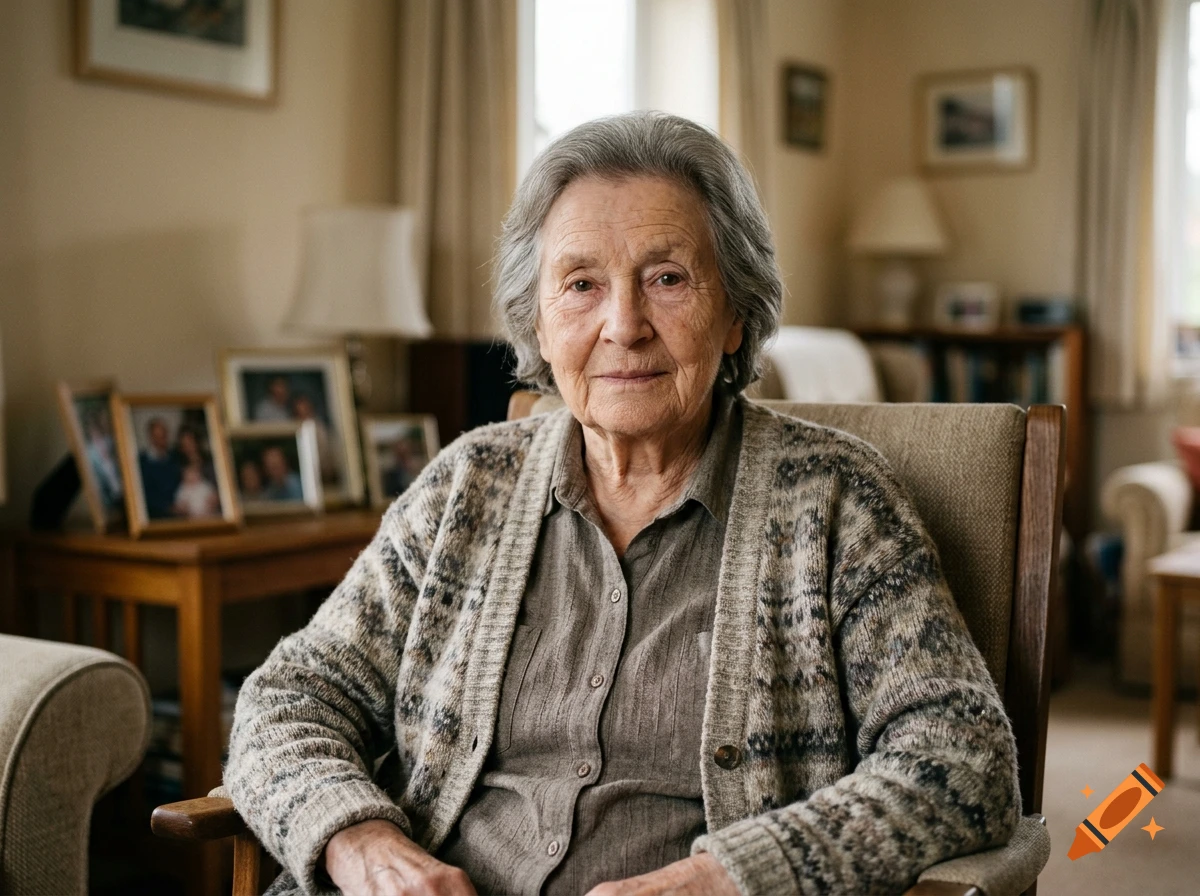 Photorealistic portrait of an elderly woman with grey hair sitting in an armchair in a cozy living room.