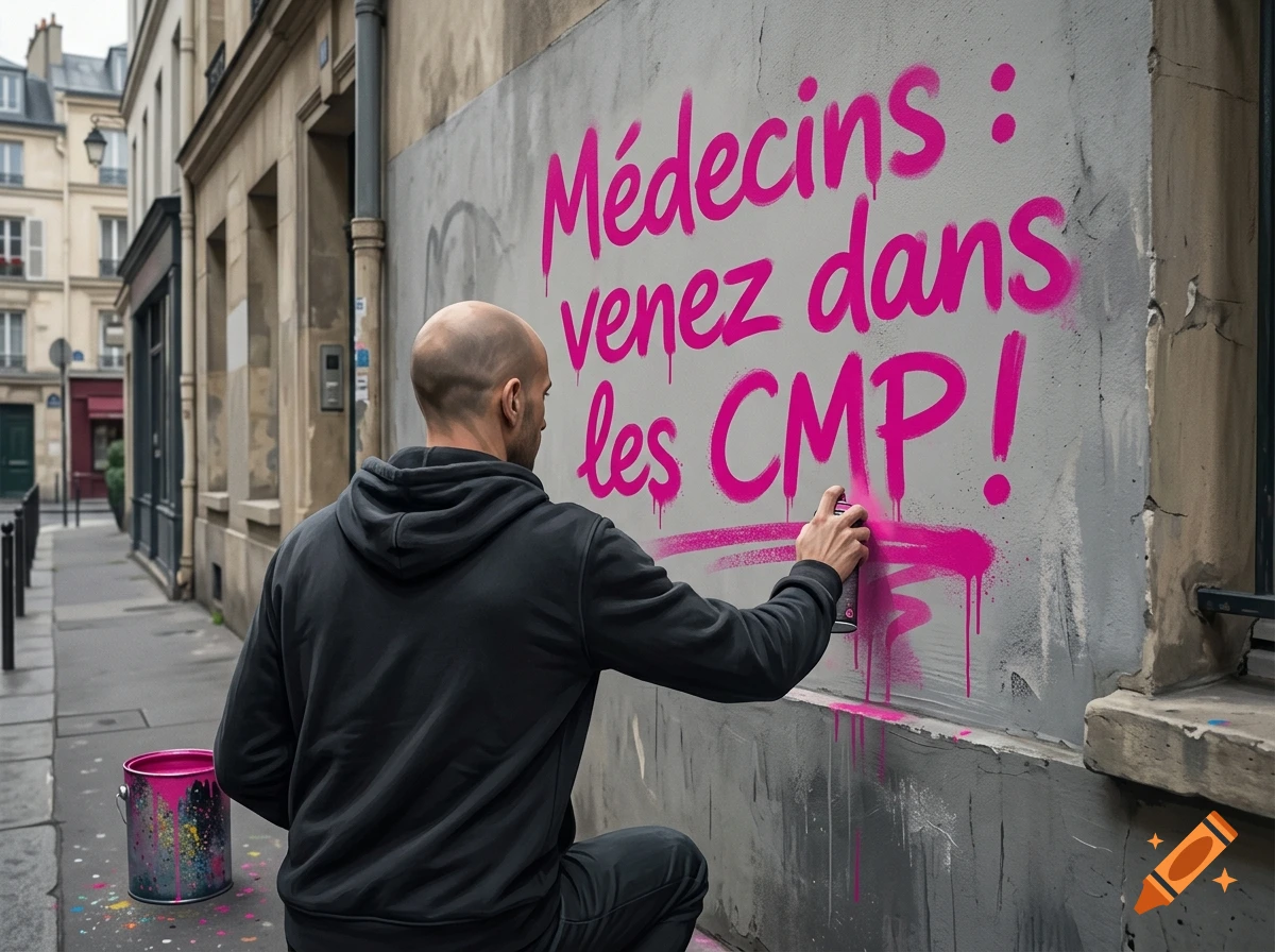 A bald man wearing a black hoodie spray-painting pink text on a Parisian street wall.