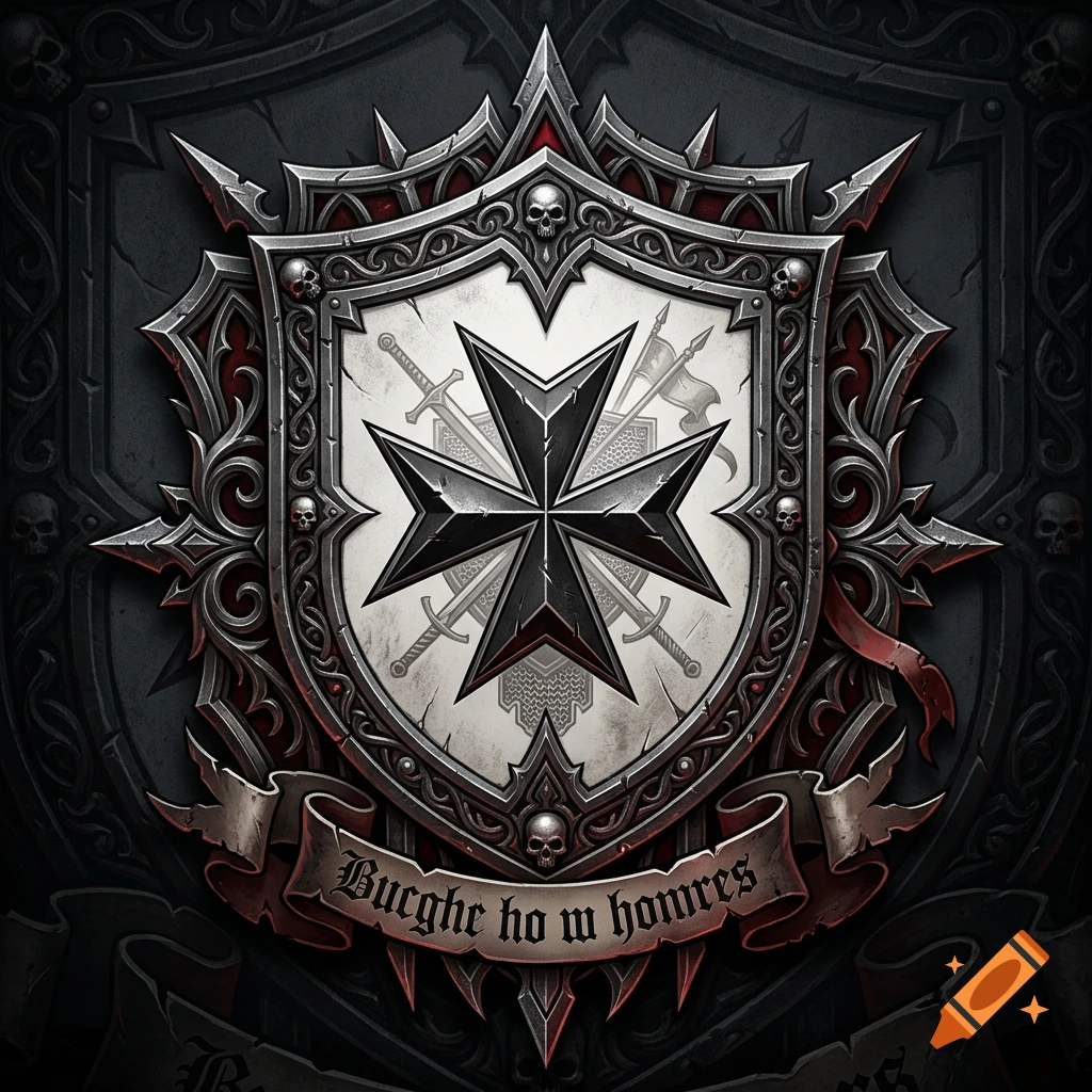 Dark fantasy crest emblem featuring a black templar cross on a shield with skulls and Gothic framing.