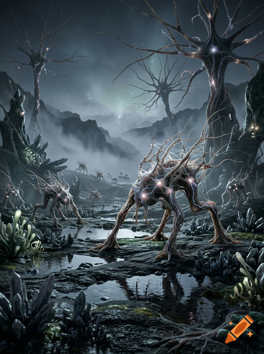 Surreal alien landscape featuring glowing neuron-like creatures with branching structures standing near pools of water under a stormy sky.