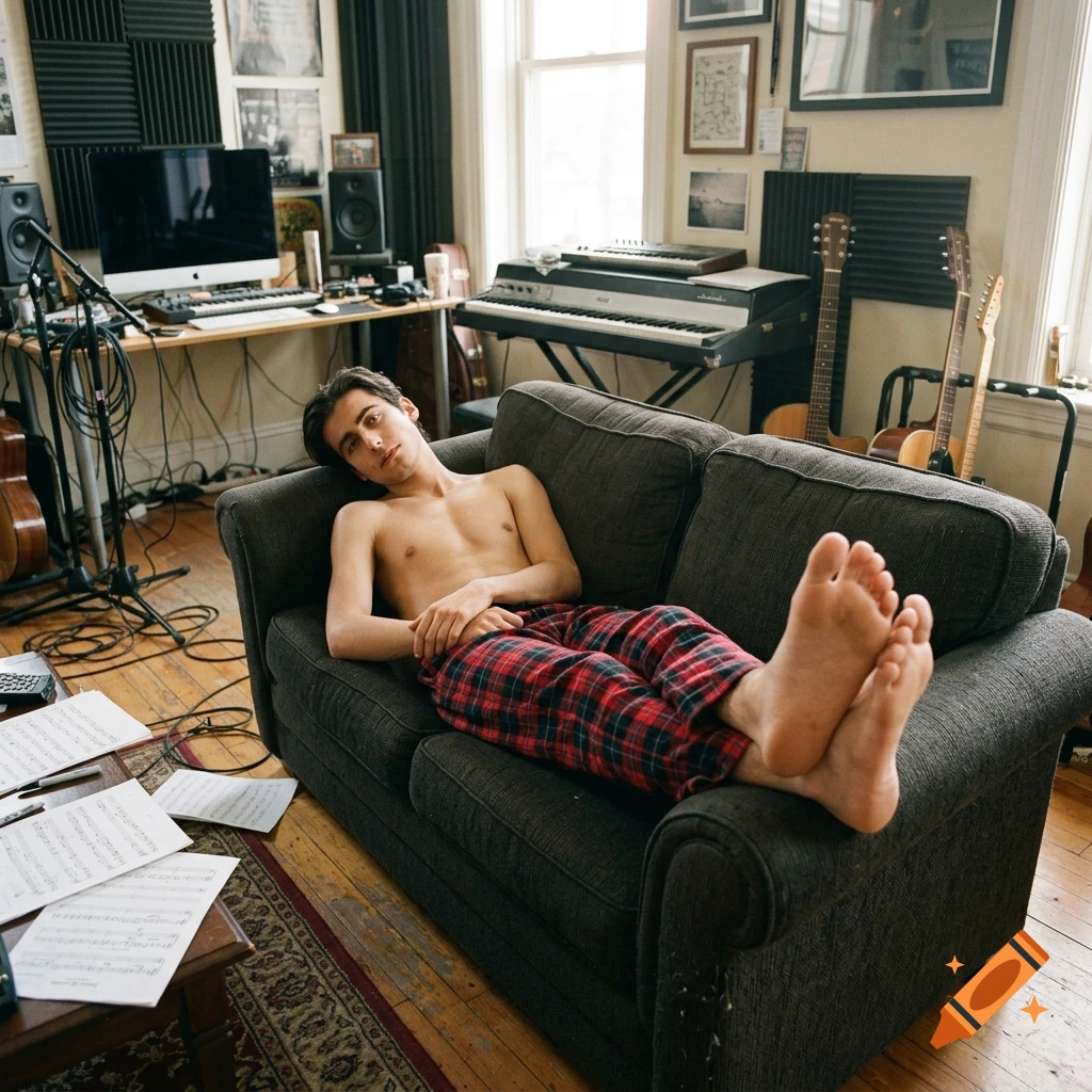 Photorealistic image of a young man lying on a gray couch in a music room, showing the soles of his feet.