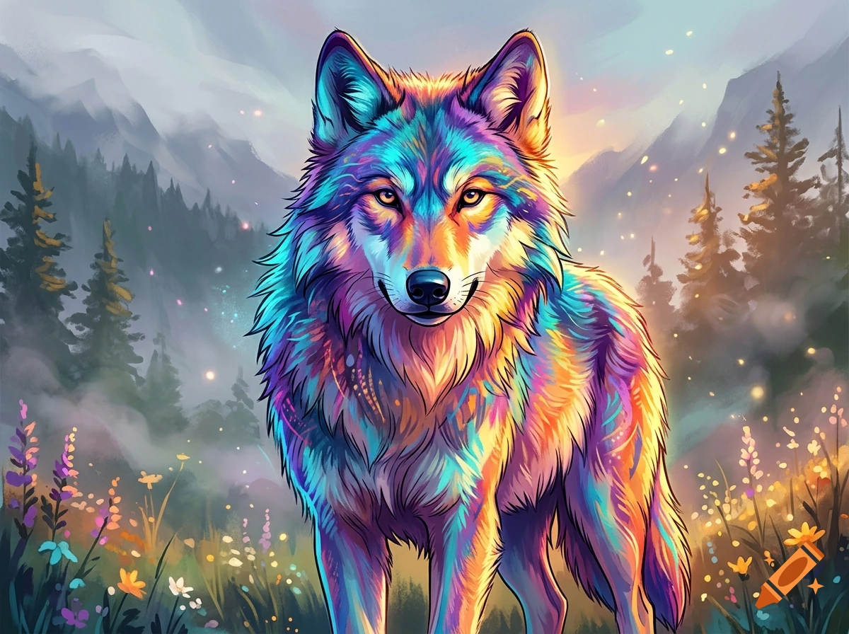 Colorful stylized wolf standing in a misty forest with mountains and glowing flora, digital illustration.