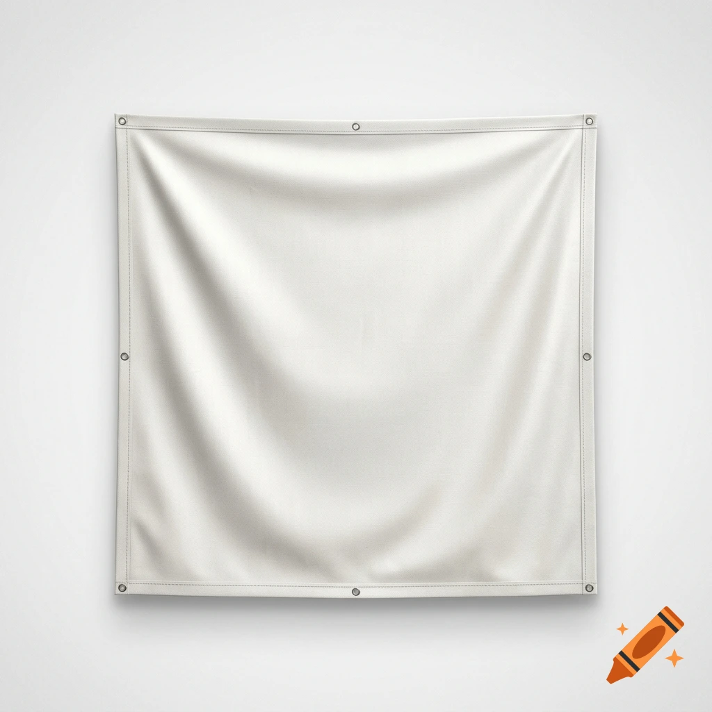 Blank white fabric sign banner with metal grommets hanging against a white wall, photorealistic product mockup