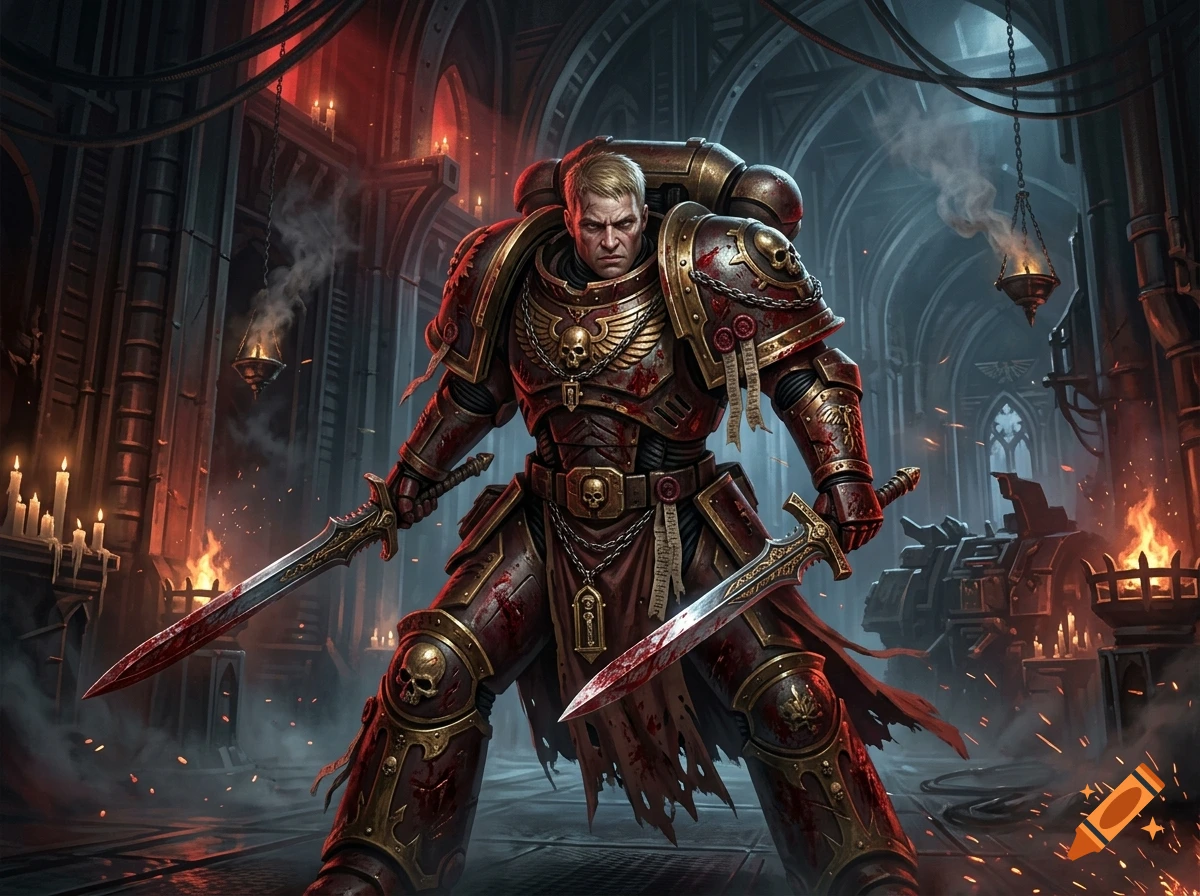 A blonde male Space Marine in bloodied red and gold armor holding two swords in a gothic cathedral, digital art style.