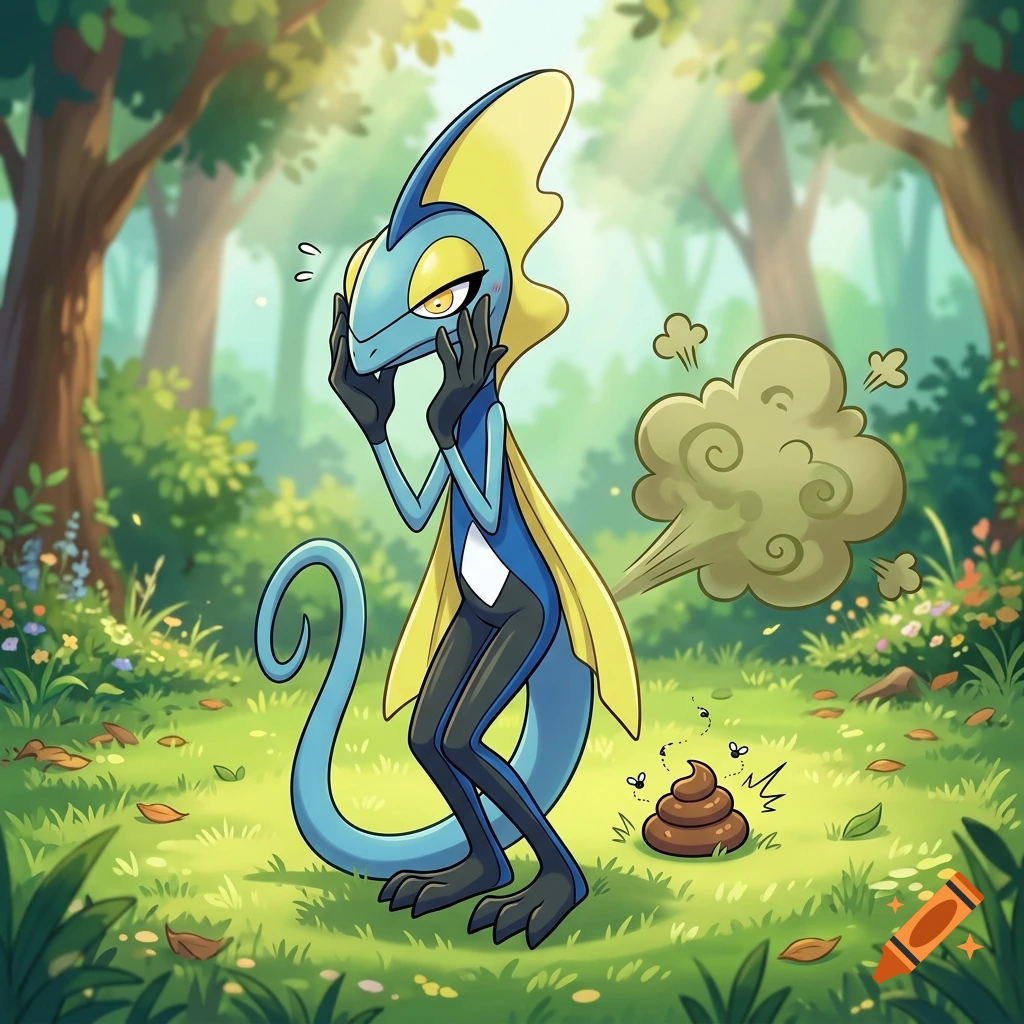An anime-style blue and black Pokemon with a yellow head crest stands in a forest, looking embarrassed next to a pile of poop with a green fart cloud.