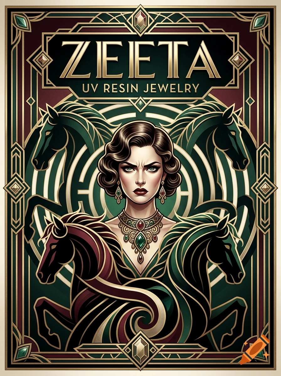 Art deco style poster featuring an angry woman surrounded by four horses and the text ZEETA UV RESIN JEWELRY.