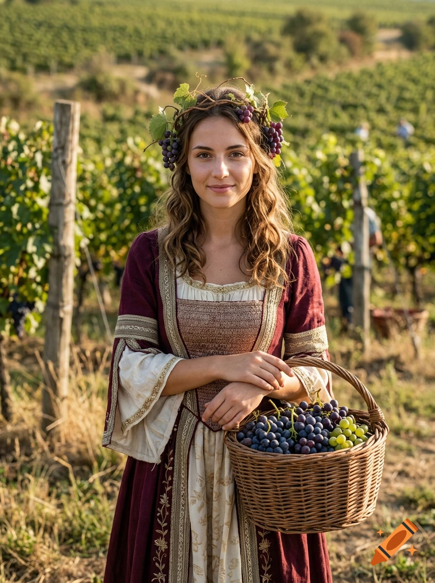 Photorealistic portrait of a woman wearing a grape vine crown and traditional dress, holding a basket of grapes in a vineyard.