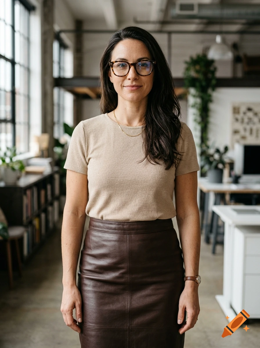 Photorealistic portrait of a woman wearing glasses, a beige top, and a brown leather skirt in a modern office.
