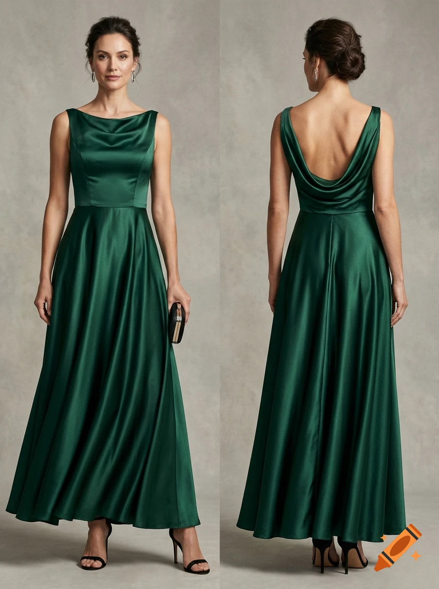 Photorealistic front and back view of a woman wearing a deep green satin evening gown with a cowl neck and open back.