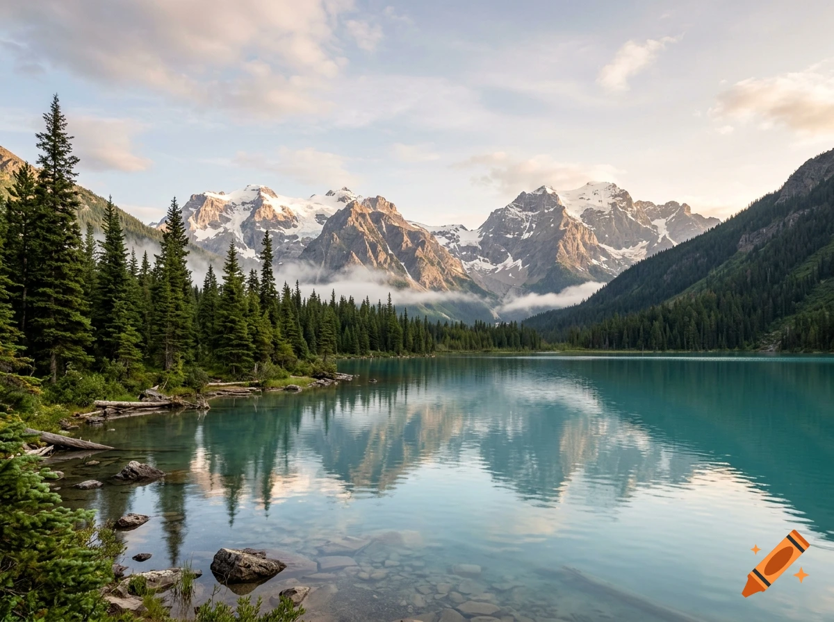 Photorealistic landscape of a turquoise alpine lake reflecting snow-capped mountains and evergreen forest under a cloudy sky.