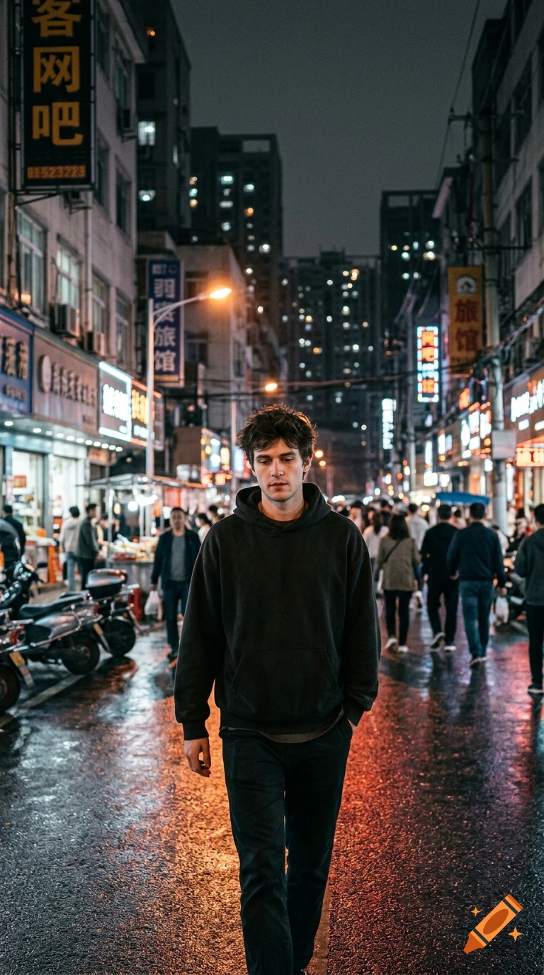 A young man in a black hoodie walking down a wet, neon-lit city street at night amidst a crowd.
