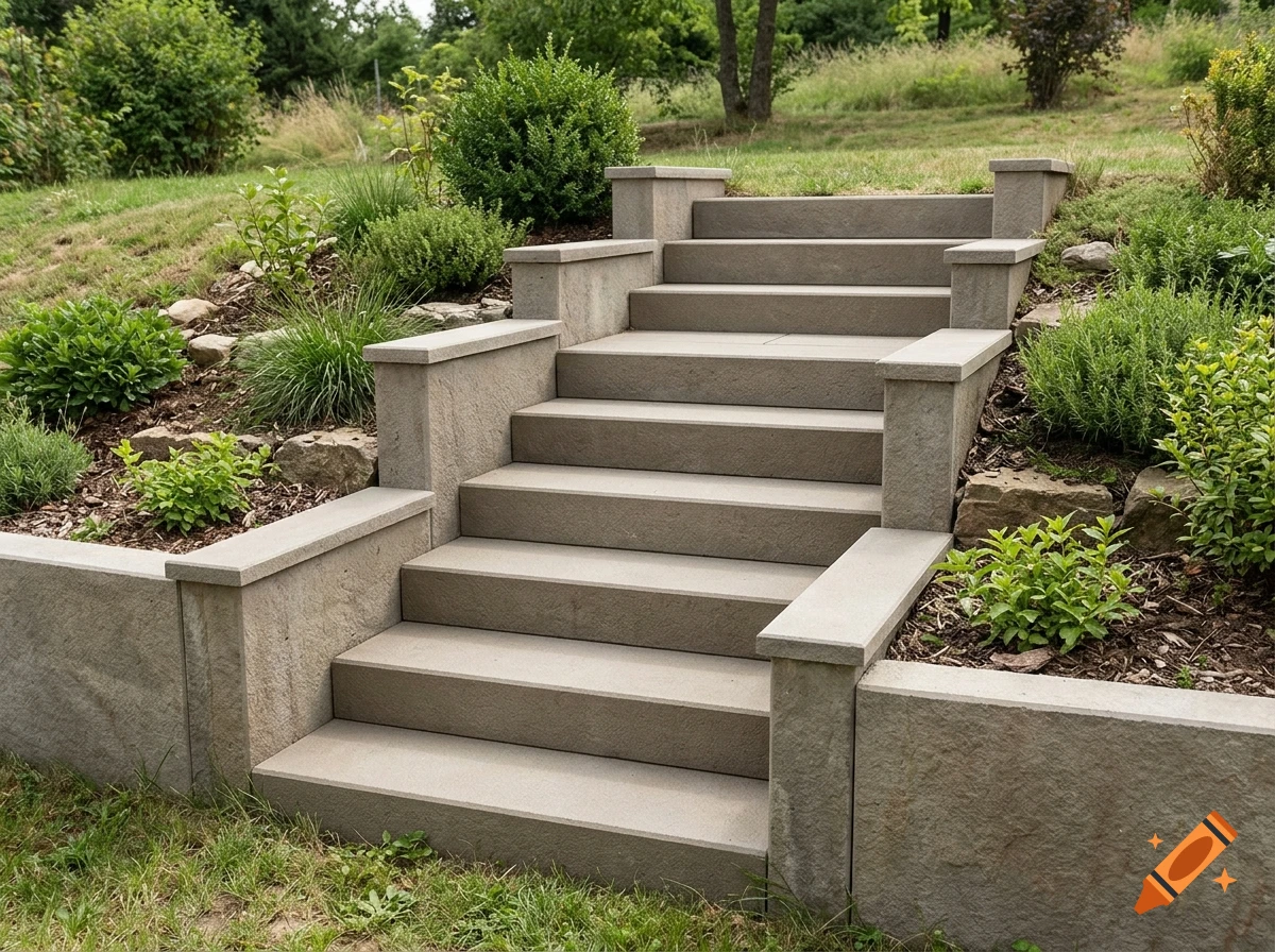 Photorealistic stone garden stairs flanked by low retaining walls and green plants on a grassy slope.