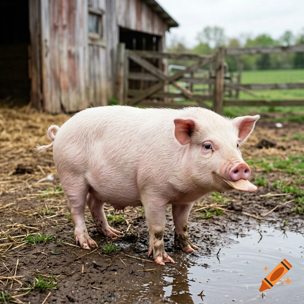 Photorealistic image of a pig standing in a muddy barnyard with its tongue sticking out like a duck bill.