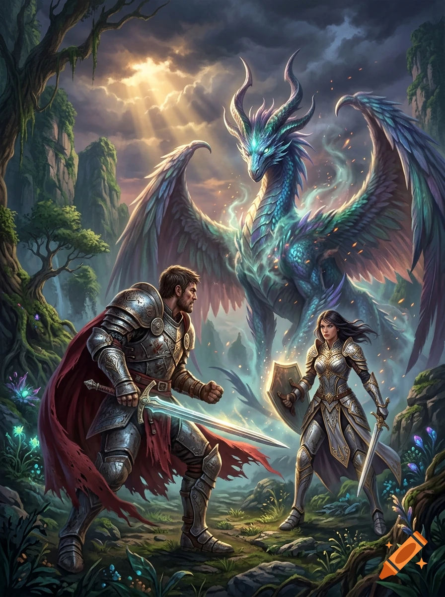 Fantasy digital illustration of a male and female knight in armor facing a large mystical dragon in a forest.