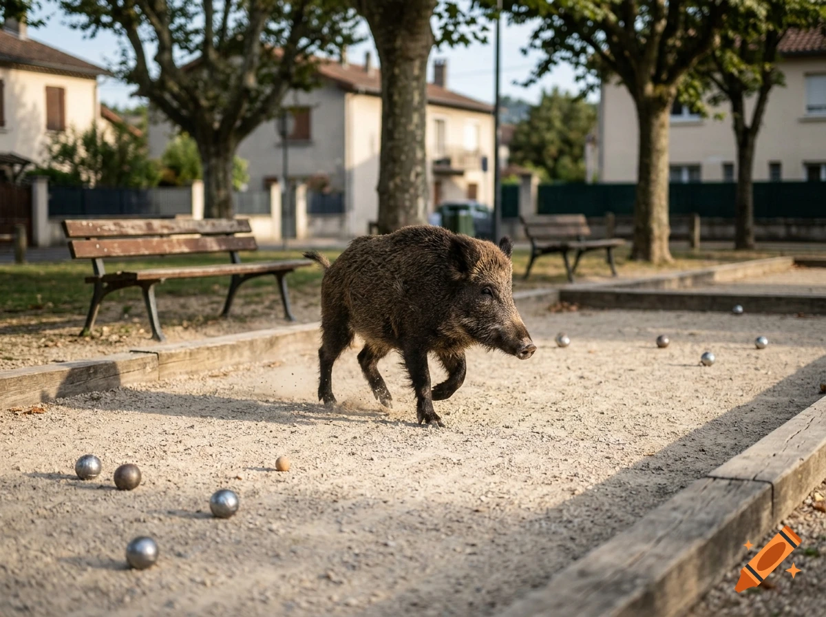 Photorealistic image of a wild boar running across a gravel petanque court in a quiet village with benches and houses.