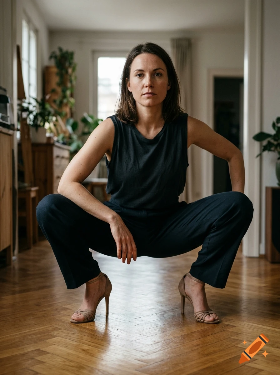 A woman wearing a dark sleeveless top, trousers, and high heels, crouching in a deep squat on a wooden floor indoors.