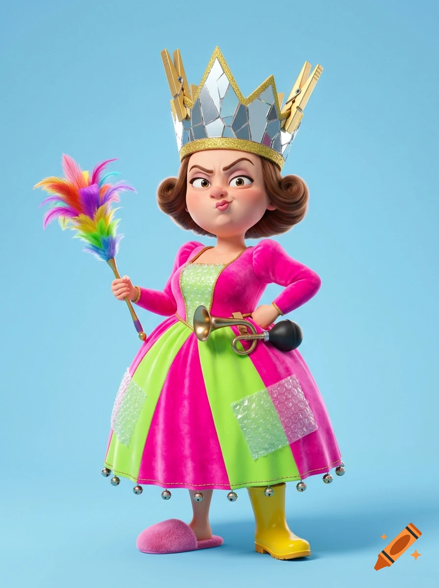 Full-body 3D Pixar-style cartoon of an annoying queen wearing a crown of broken mirrors, pink and green dress, and mismatched shoes.
