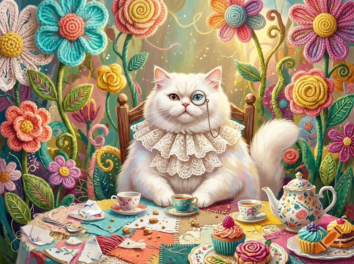 Mixed media illustration of a plump white cat wearing a monocle and lace collar, hosting a whimsical tea party in a surreal garden of crochet flowers.