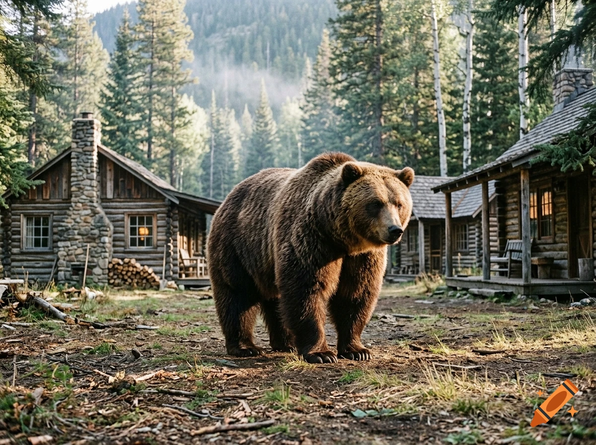 Photorealistic image of a large brown bear standing between rustic log cabins in a forest.