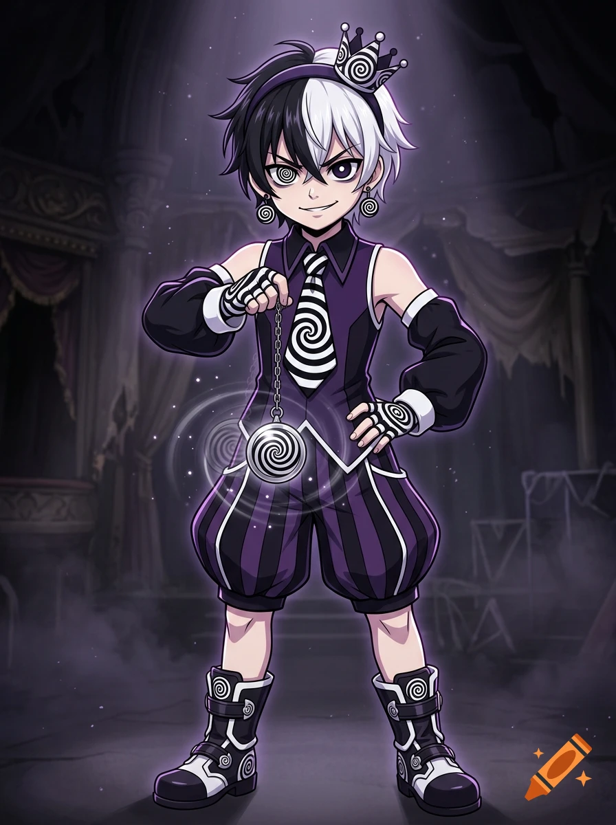 Anime boy with black and white hair wearing a purple hypnotist outfit and crown, holding a swinging pendulum in a dark room.