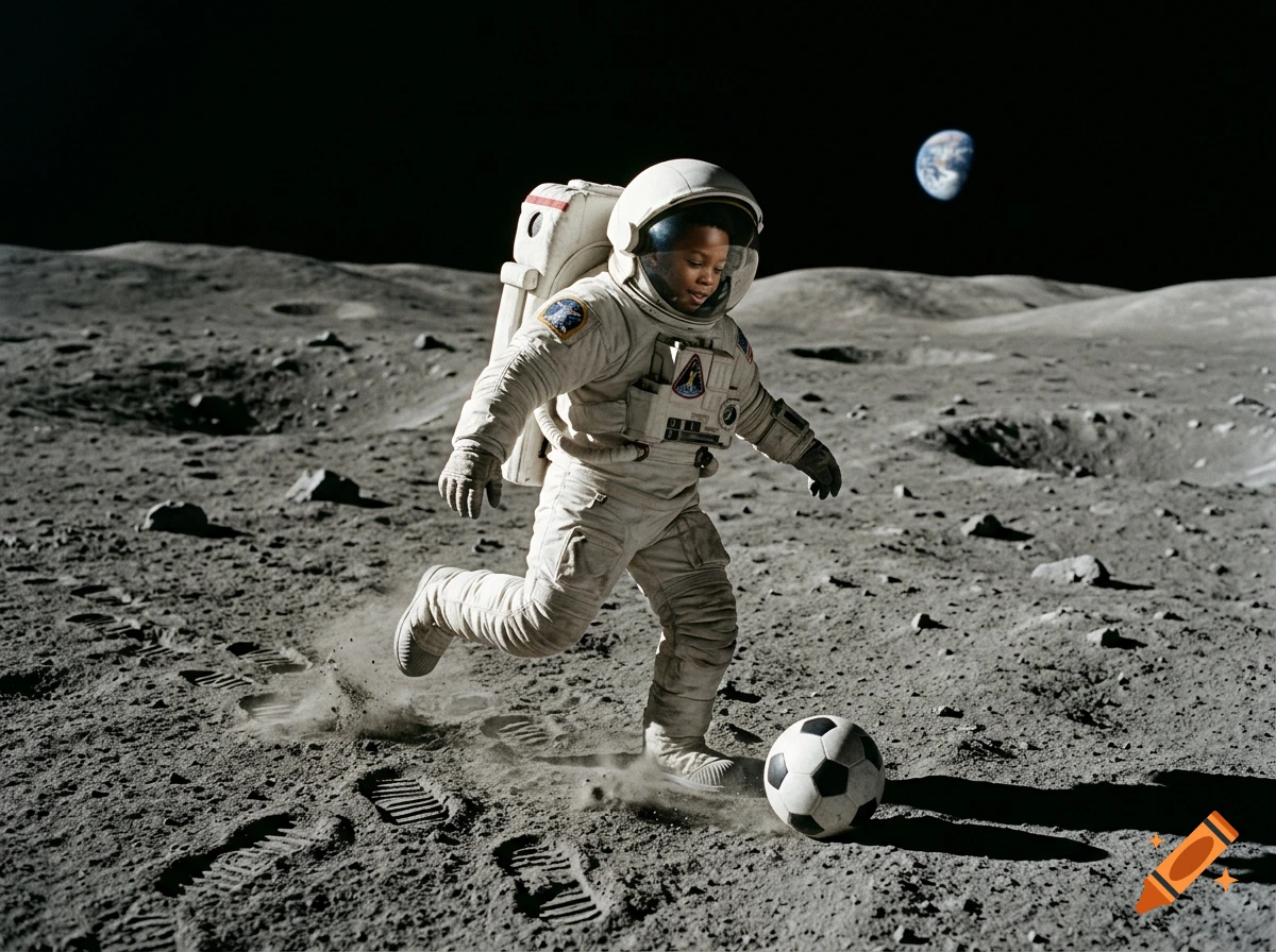 Photorealistic image of a young Black child in an astronaut suit playing soccer on the moon's surface.