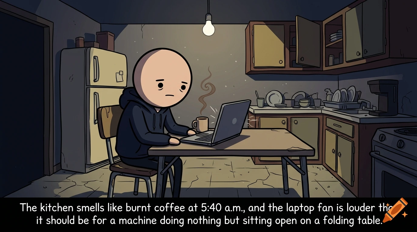 2D digital illustration of a round-headed character sitting in a dim kitchen at a folding table with a laptop.