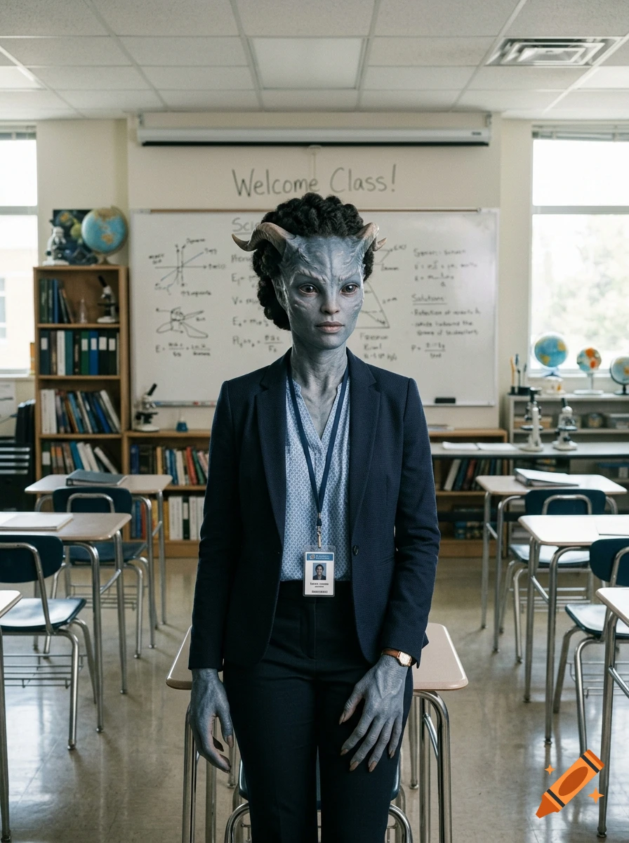 Photorealistic image of a female alien teacher with blue skin and horns, standing in a classroom.